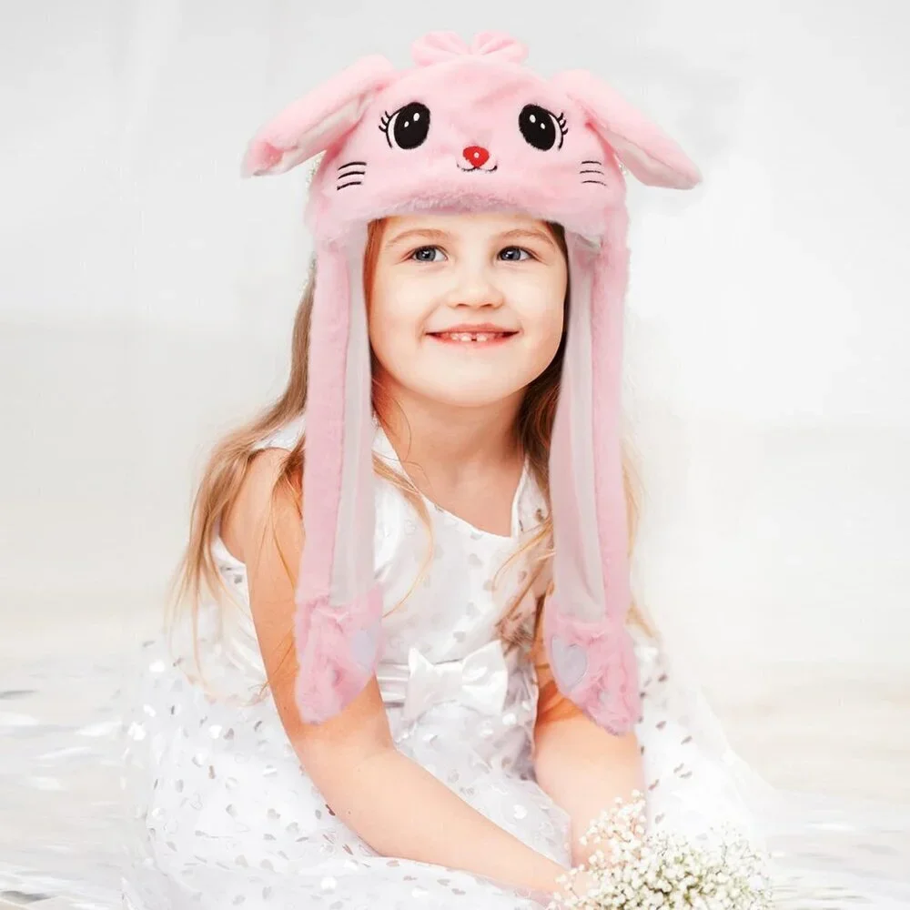 Kids Cat_pink Animal Hat with Ears Moving Jumping Pop Up Beating Plush Holiday